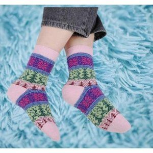 Womens Wool Blend Socks Crew Knit Green Pink Blue Red Christmas Tree Reindeers